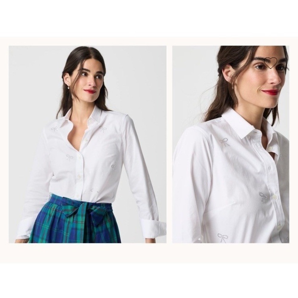 J Crew Factory NWT Jeweled Bow Button Up Shirt White Cotton 2x Festive Holiday